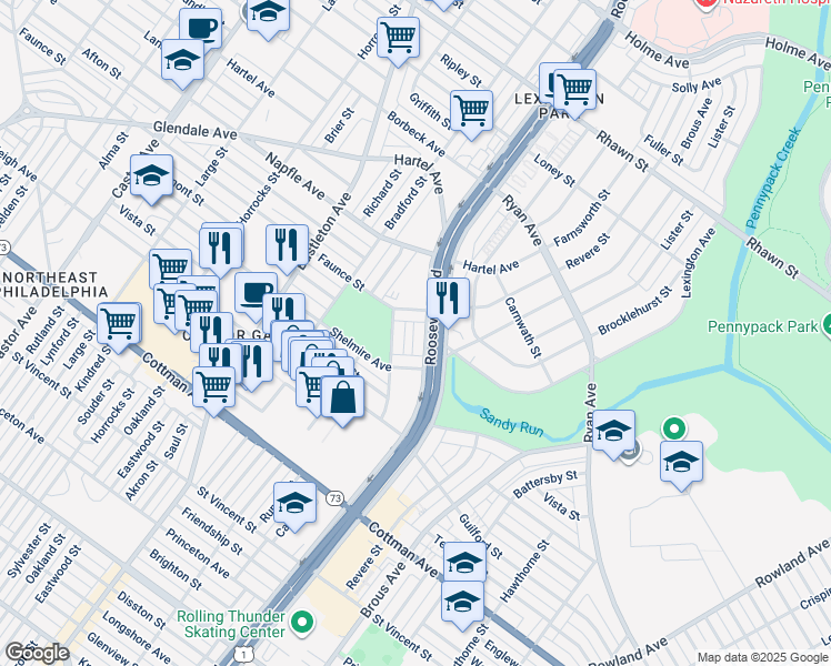 map of restaurants, bars, coffee shops, grocery stores, and more near 7539 Calvert Street in Philadelphia