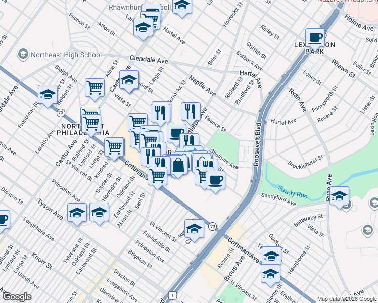 map of restaurants, bars, coffee shops, grocery stores, and more near 2310 Vista Street in Philadelphia