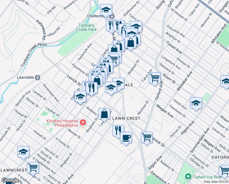 map of restaurants, bars, coffee shops, grocery stores, and more near 538 Hellerman Street in Philadelphia