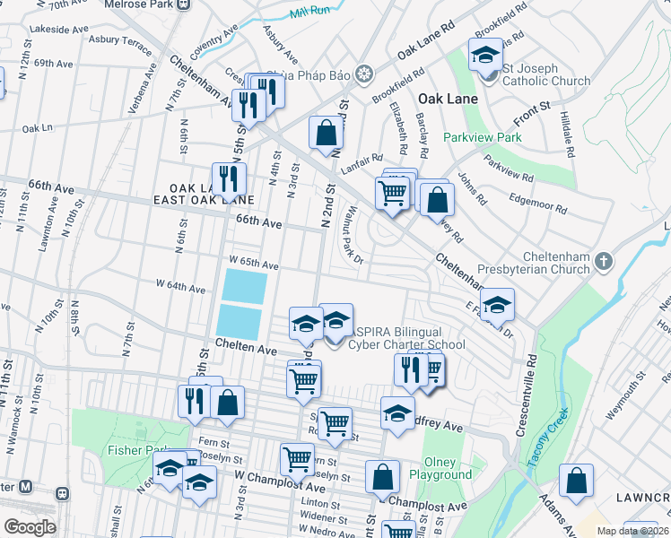 map of restaurants, bars, coffee shops, grocery stores, and more near 6514 Walnut Park Drive in Philadelphia