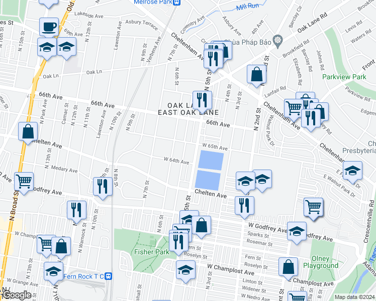 map of restaurants, bars, coffee shops, grocery stores, and more near 6422 North Fairhill Street in Philadelphia