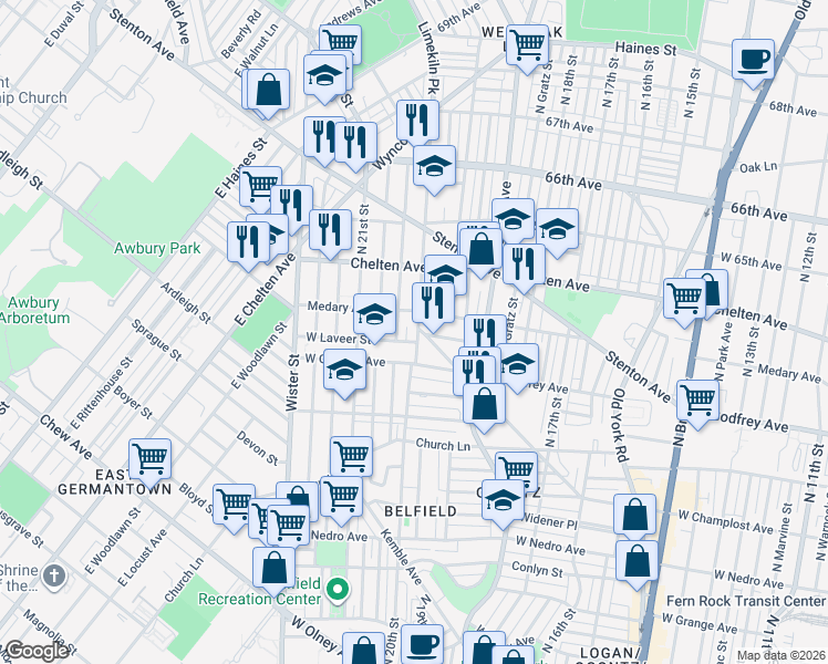 map of restaurants, bars, coffee shops, grocery stores, and more near 6265 Limekiln Pike in Philadelphia