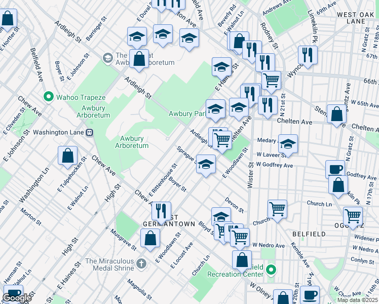 map of restaurants, bars, coffee shops, grocery stores, and more near 1004 East Rittenhouse Street in Philadelphia