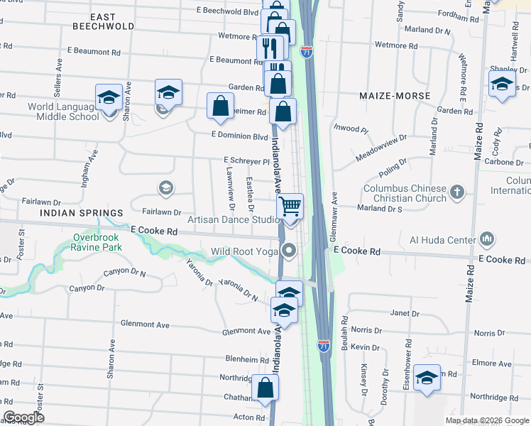 map of restaurants, bars, coffee shops, grocery stores, and more near 712 Fairlawn Drive in Columbus