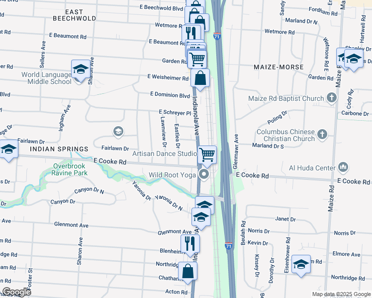 map of restaurants, bars, coffee shops, grocery stores, and more near 712 Fairlawn Drive in Columbus