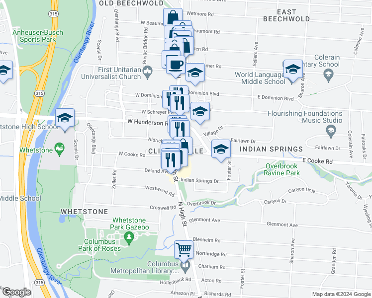 map of restaurants, bars, coffee shops, grocery stores, and more near 34 East Cooke Road in Columbus