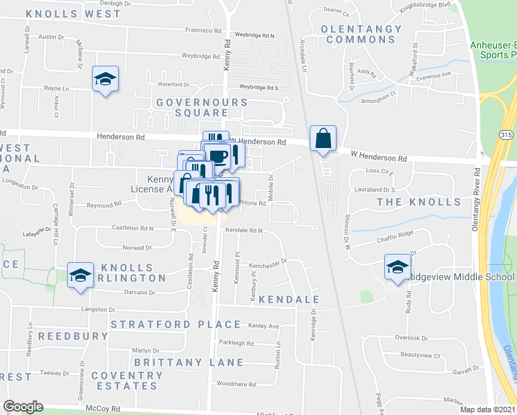 map of restaurants, bars, coffee shops, grocery stores, and more near 1040 Folkestone Road in Columbus