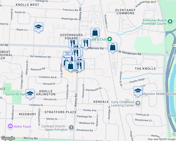 map of restaurants, bars, coffee shops, grocery stores, and more near 1040 Folkestone Road in Columbus