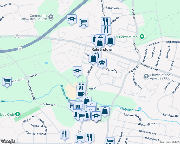 map of restaurants, bars, coffee shops, grocery stores, and more near 419 Rohrerstown Road in Lancaster