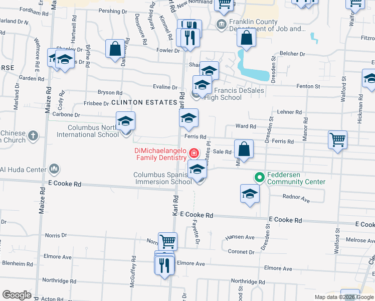 map of restaurants, bars, coffee shops, grocery stores, and more near 3988 Karl Road in Columbus