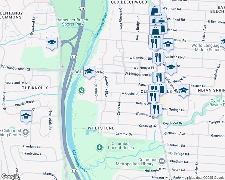 map of restaurants, bars, coffee shops, grocery stores, and more near 226 W Cooke Rd in Columbus