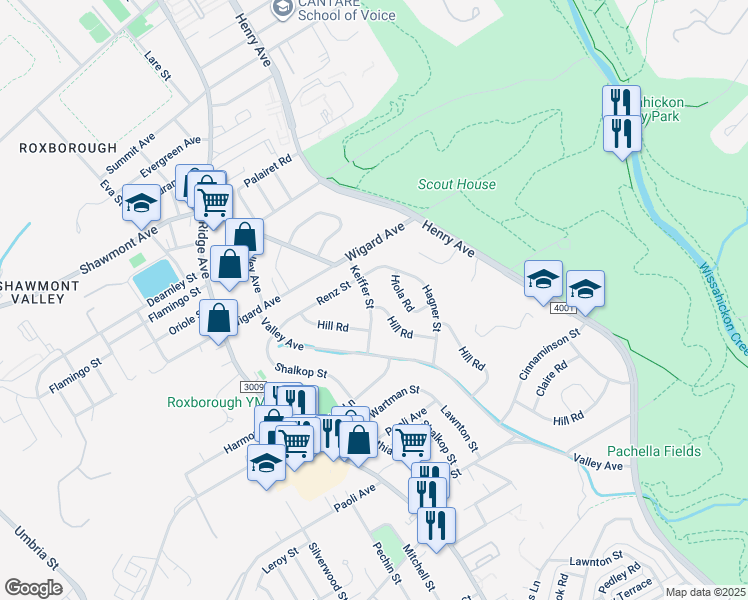 map of restaurants, bars, coffee shops, grocery stores, and more near 7361 Hill Road in Philadelphia