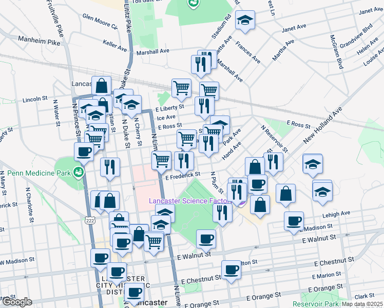 map of restaurants, bars, coffee shops, grocery stores, and more near 313 East New Street in Lancaster