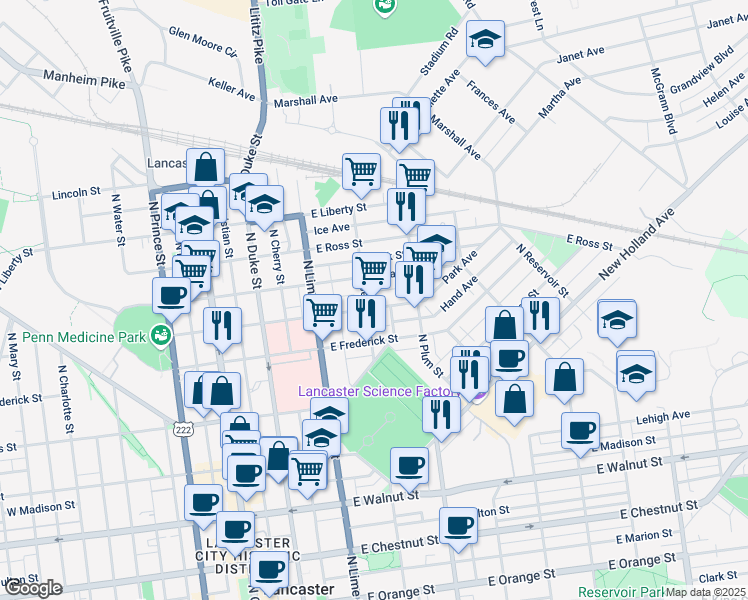 map of restaurants, bars, coffee shops, grocery stores, and more near 707 North Shippen Street in Lancaster