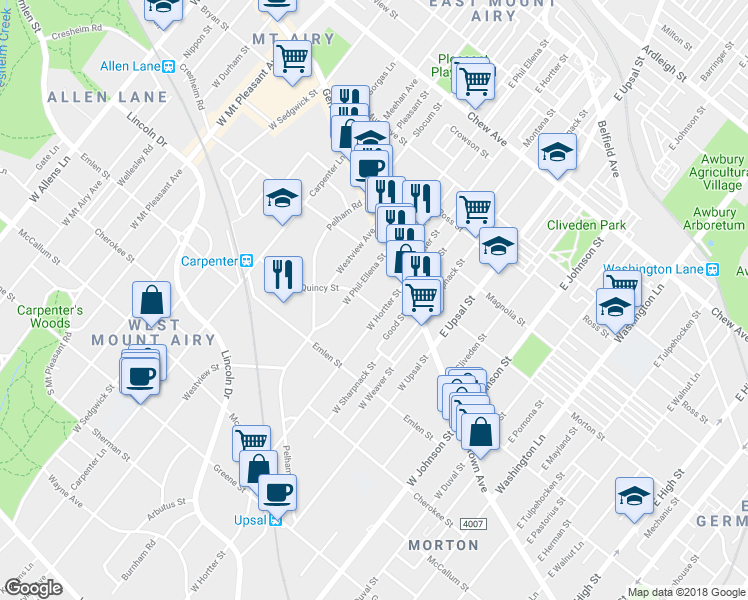 map of restaurants, bars, coffee shops, grocery stores, and more near 6617 Quincy Street in Philadelphia