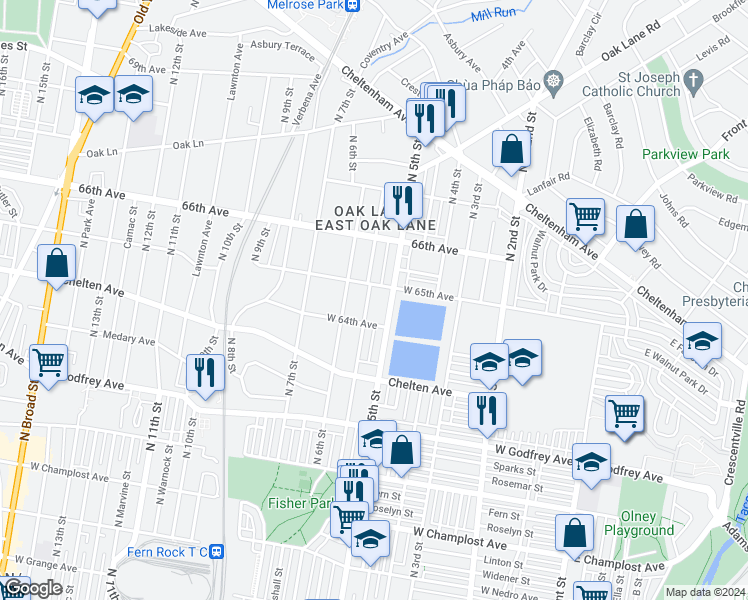 map of restaurants, bars, coffee shops, grocery stores, and more near 6422 North Fairhill Street in Philadelphia