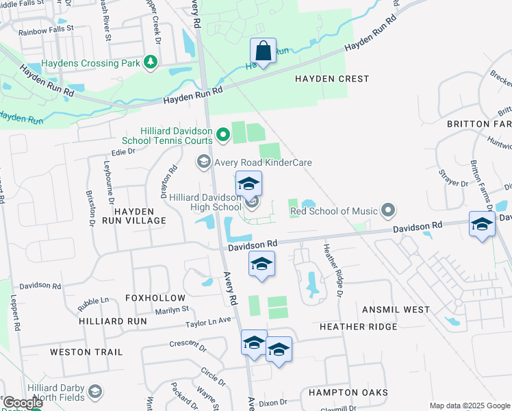 map of restaurants, bars, coffee shops, grocery stores, and more near 5100 Davidson Road in Hilliard