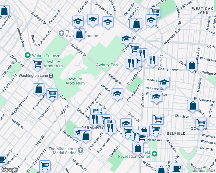 map of restaurants, bars, coffee shops, grocery stores, and more near 1004 East Rittenhouse Street in Philadelphia