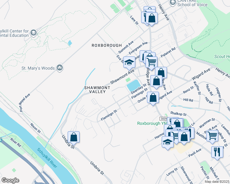 map of restaurants, bars, coffee shops, grocery stores, and more near 425 Shawmont Avenue in Philadelphia