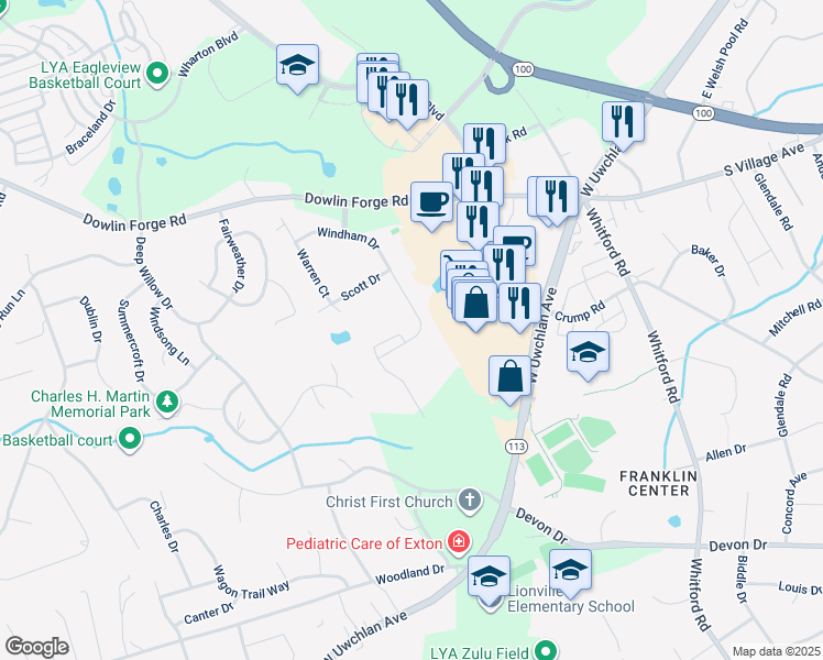 map of restaurants, bars, coffee shops, grocery stores, and more near 231 Windham Drive in Exton