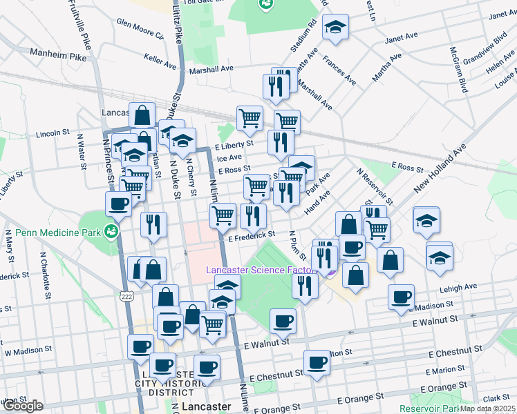 map of restaurants, bars, coffee shops, grocery stores, and more near 707 North Shippen Street in Lancaster