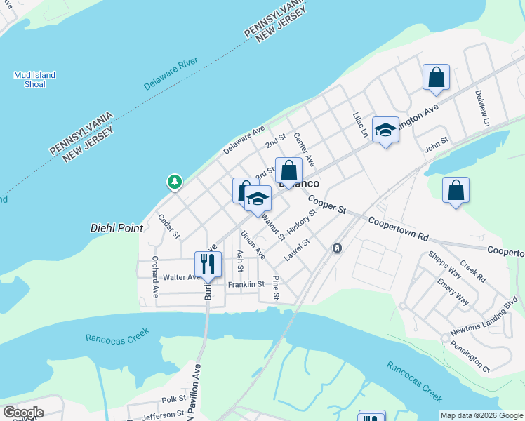 map of restaurants, bars, coffee shops, grocery stores, and more near 703 Burlington Avenue in Delanco