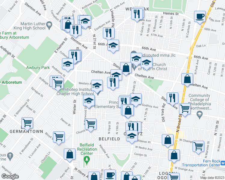 map of restaurants, bars, coffee shops, grocery stores, and more near 1963 Laveer Street in Philadelphia