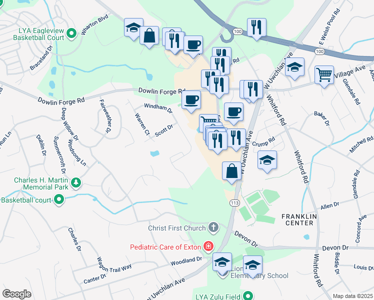map of restaurants, bars, coffee shops, grocery stores, and more near 231 Windham Drive in Exton