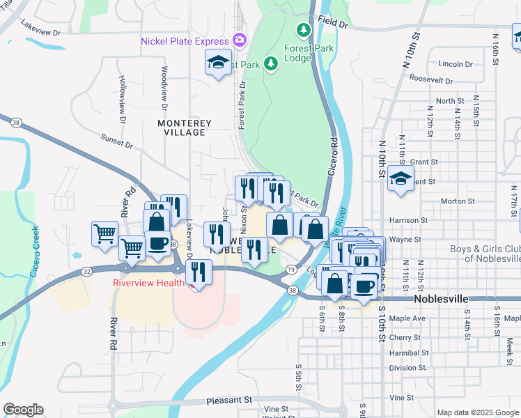 map of restaurants, bars, coffee shops, grocery stores, and more near 172 Logan Street in Noblesville