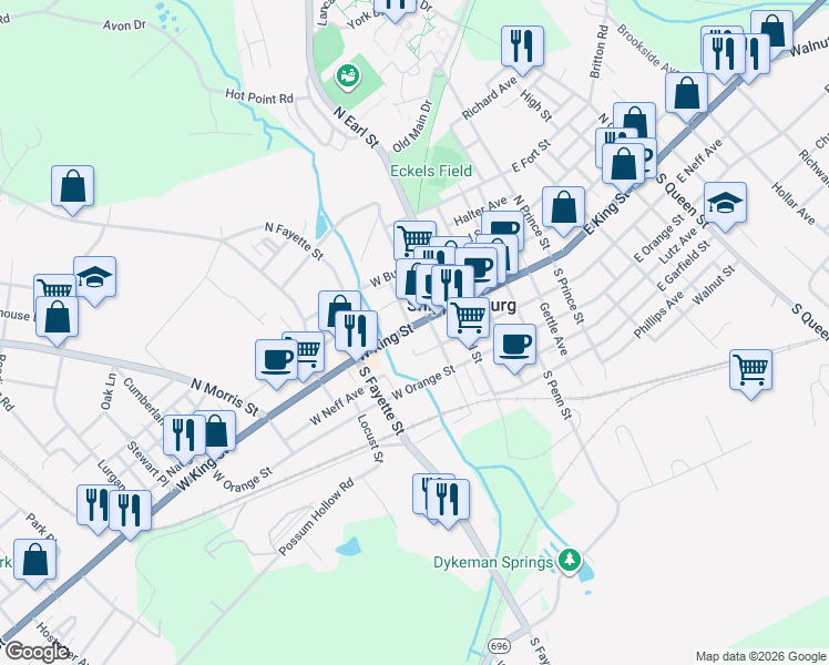 map of restaurants, bars, coffee shops, grocery stores, and more near 52 West King Street in Shippensburg