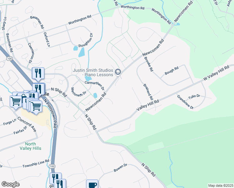 map of restaurants, bars, coffee shops, grocery stores, and more near 711 Grace Way in Exton