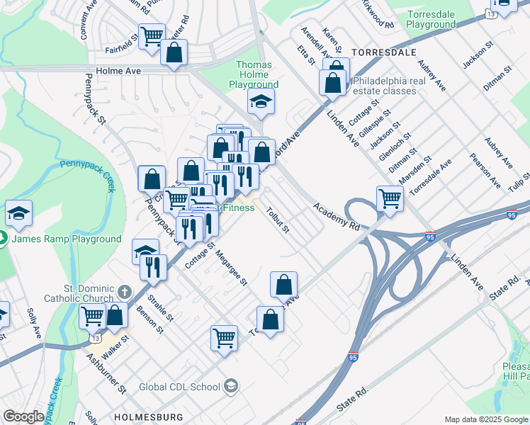 map of restaurants, bars, coffee shops, grocery stores, and more near 4448 Tolbut Street in Philadelphia