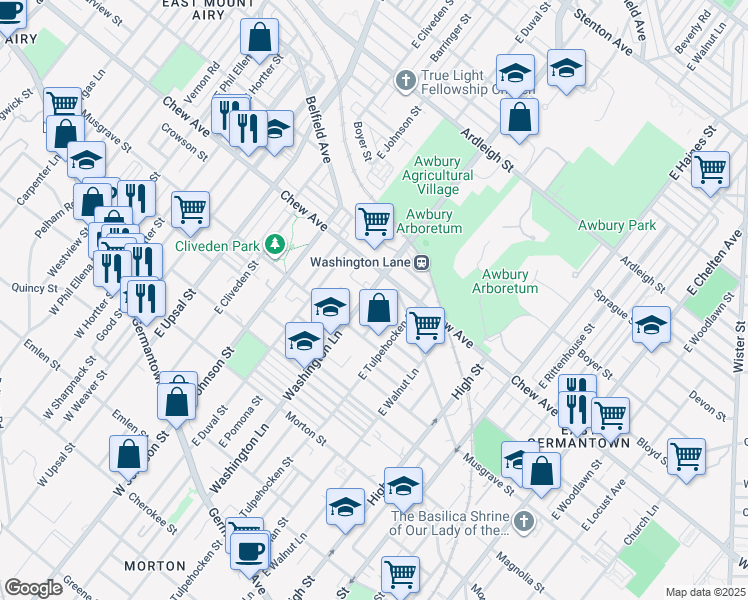 map of restaurants, bars, coffee shops, grocery stores, and more near 532 Washington Lane in Philadelphia