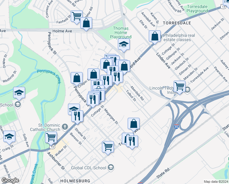 map of restaurants, bars, coffee shops, grocery stores, and more near 8838 Cottage Street in Philadelphia