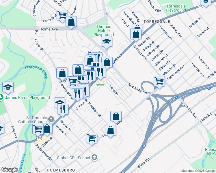 map of restaurants, bars, coffee shops, grocery stores, and more near 4446 Tolbut Street in Philadelphia