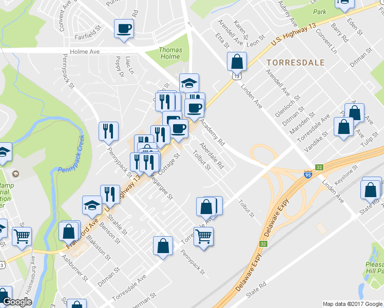 map of restaurants, bars, coffee shops, grocery stores, and more near 4446 Tolbut Street in Philadelphia