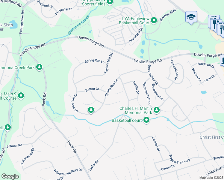 map of restaurants, bars, coffee shops, grocery stores, and more near 275 Spring Run Lane in Downingtown