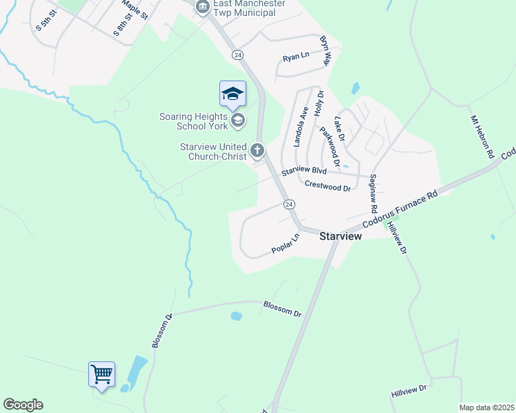 map of restaurants, bars, coffee shops, grocery stores, and more near 260 Poplar Ln in Mt Wolf