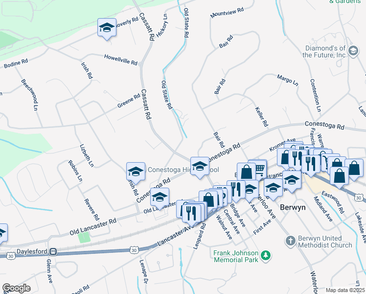 map of restaurants, bars, coffee shops, grocery stores, and more near 890 Old State Road in Berwyn