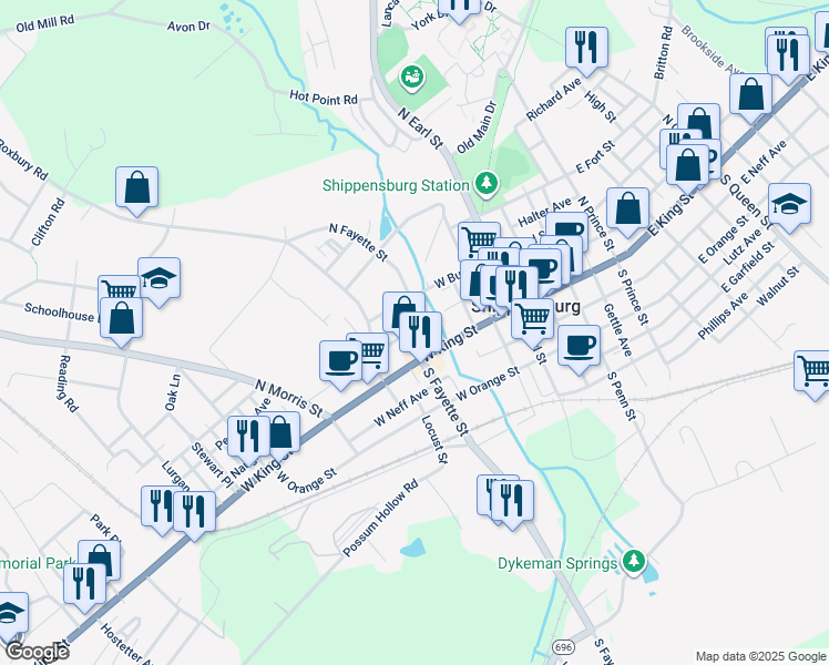 map of restaurants, bars, coffee shops, grocery stores, and more near 9 North Fayette Street in Shippensburg
