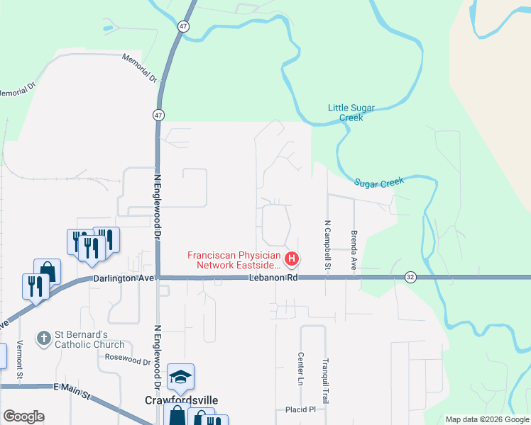 map of restaurants, bars, coffee shops, grocery stores, and more near 900 Aspen Drive in Crawfordsville