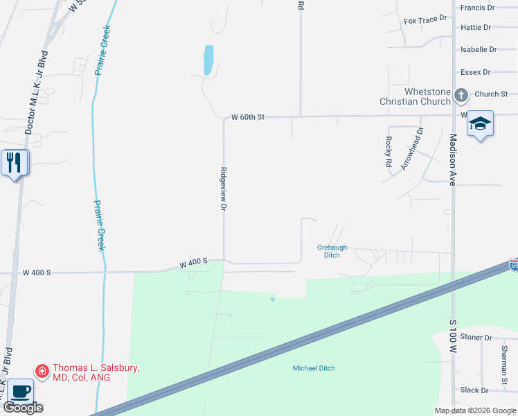 map of restaurants, bars, coffee shops, grocery stores, and more near 6410 Ridgeview Drive in Anderson