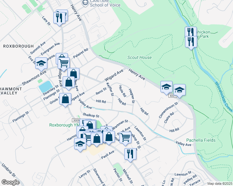 map of restaurants, bars, coffee shops, grocery stores, and more near 7355 Hill Road in Philadelphia