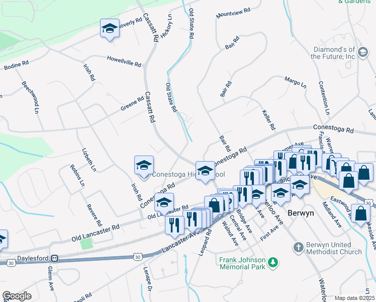 map of restaurants, bars, coffee shops, grocery stores, and more near 890 Old State Road in Berwyn