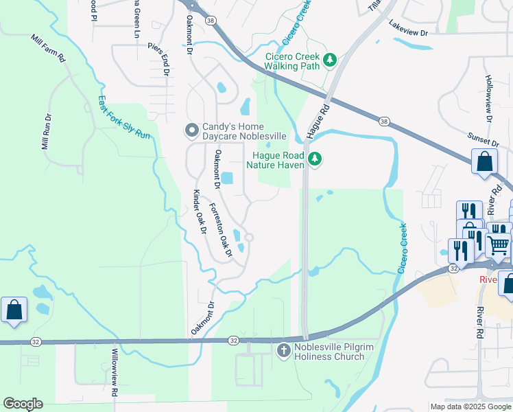 map of restaurants, bars, coffee shops, grocery stores, and more near 7319 Hardin Oak Drive in Noblesville