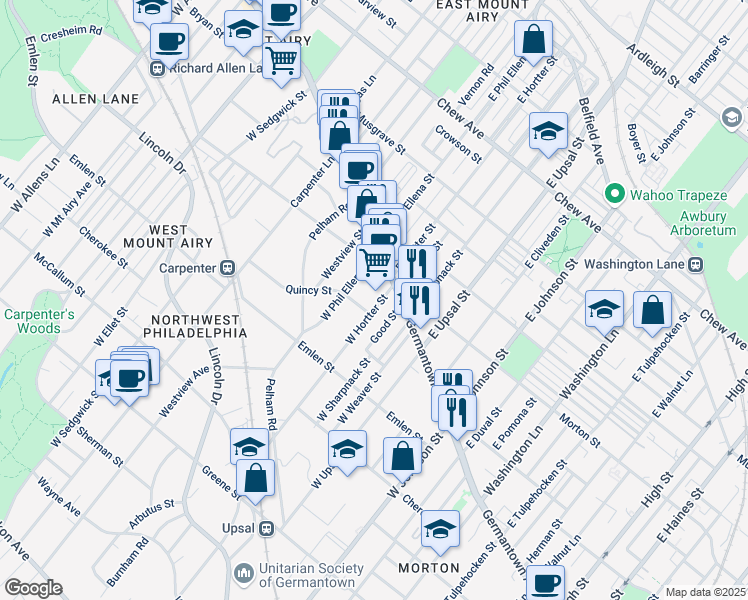 map of restaurants, bars, coffee shops, grocery stores, and more near 29 West Hortter Street in Philadelphia
