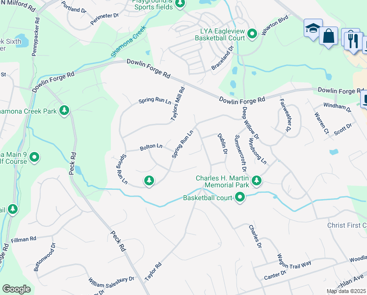 map of restaurants, bars, coffee shops, grocery stores, and more near 275 Spring Run Lane in Downingtown