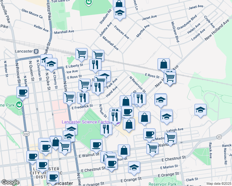 map of restaurants, bars, coffee shops, grocery stores, and more near 565 East Frederick Street in Lancaster