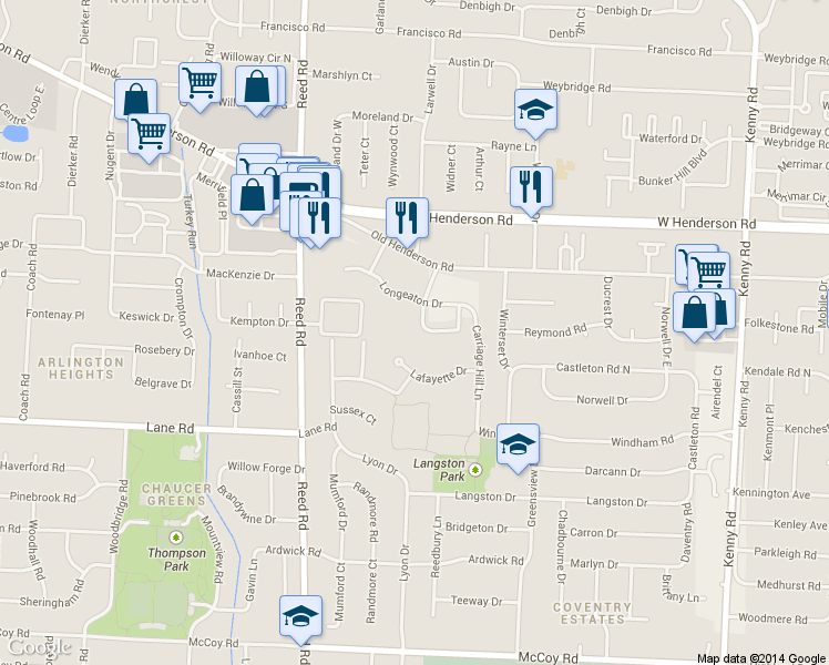 map of restaurants, bars, coffee shops, grocery stores, and more near 4531 Sandringham Drive in Upper Arlington