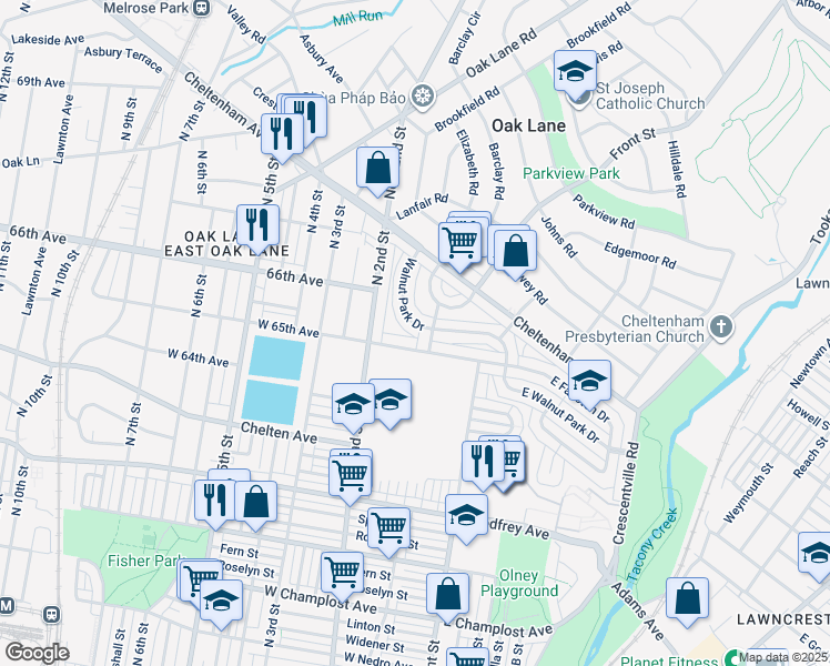 map of restaurants, bars, coffee shops, grocery stores, and more near 6500 Walnut Park Drive in Philadelphia